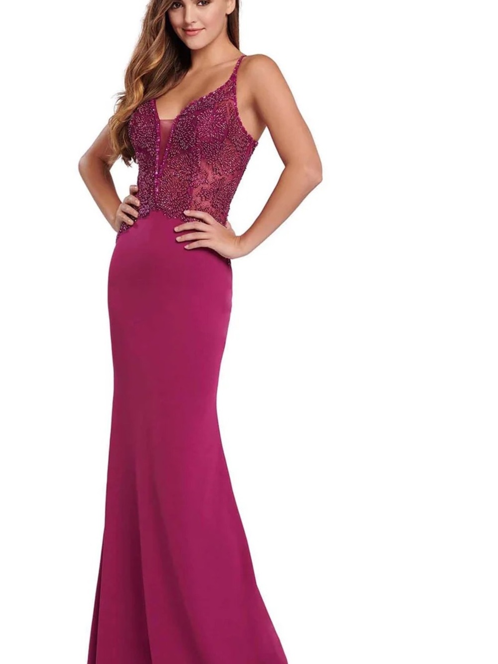 ellie wilde Beaded Lace Mermaid Prom Dress in Fuchsia